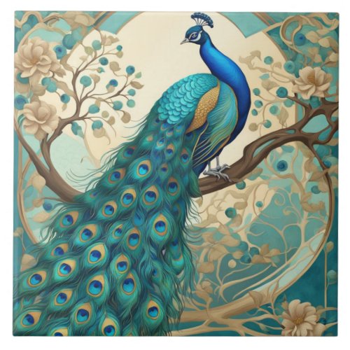 Turquoise Peacock Bird Art Nouveau Art Deco Ceramic Tile