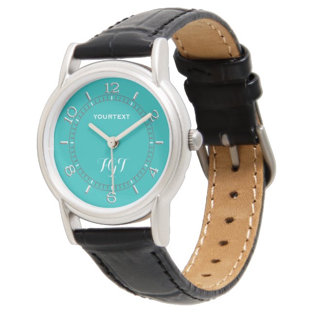 Turquoise Peacock Decor Personalized Monogram Watch (Angled)