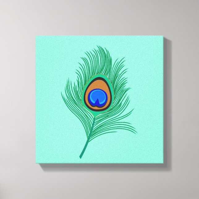 Turquoise Peacock Feather on Light Aqua Canvas Print (Front)