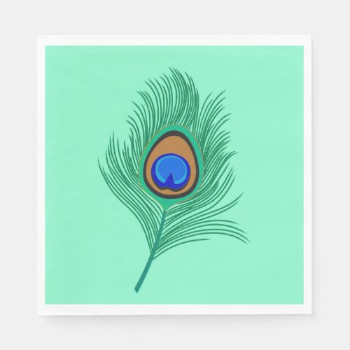 Turquoise Peacock Feather on Light Aqua Paper Napkins
