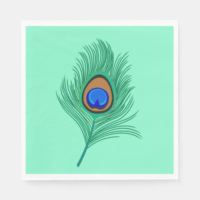 Turquoise Peacock Feather on Light Aqua Paper Napkins (Front)