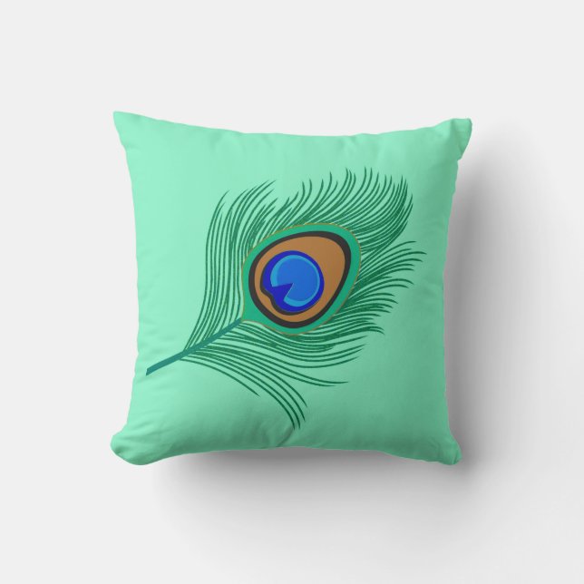 Turquoise Peacock Feather on Light Aqua Throw Pillow (Front)