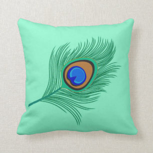 Turquoise Peacock Feather on Light Aqua Throw Pillow