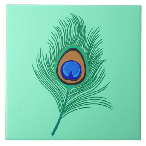 Turquoise Peacock Feather on Light Aqua Tile