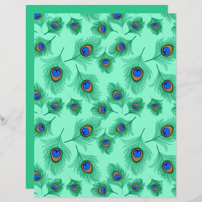 Turquoise Peacock Feathers on Light Aqua (Front/Back)