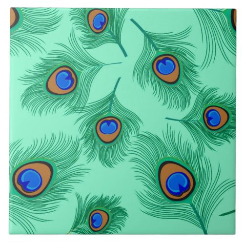 Turquoise Peacock Feathers on Light Aqua Ceramic Tile