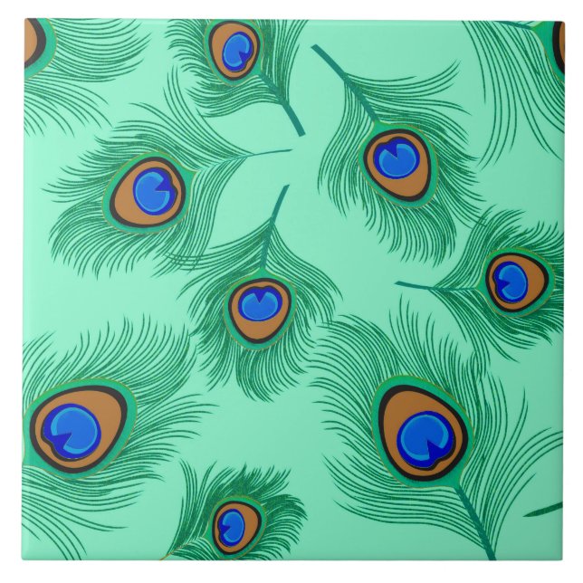 Turquoise Peacock Feathers on Light Aqua Ceramic Tile (Front)