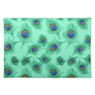 Turquoise Peacock Feathers on Light Aqua Cloth Placemat