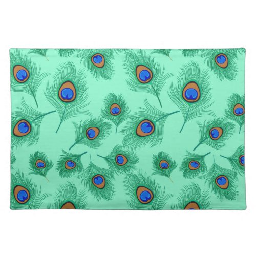 Turquoise Peacock Feathers on Light Aqua Cloth Placemat