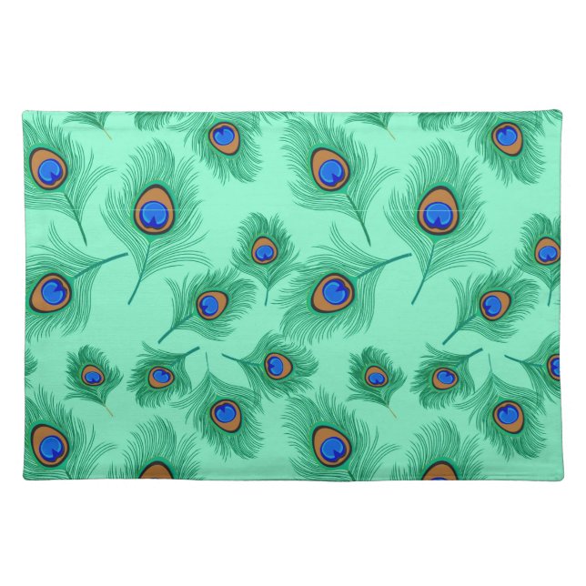 Turquoise Peacock Feathers on Light Aqua Cloth Placemat (Front)