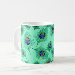 Turquoise Peacock Feathers on Light Aqua Coffee Mug