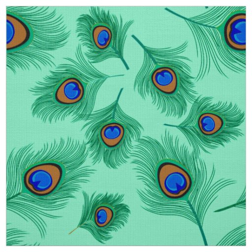 Turquoise Peacock Feathers on Light Aqua Fabric