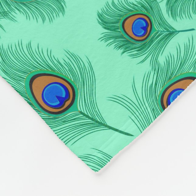 Turquoise Peacock Feathers on Light Aqua Fleece Blanket (Corner)