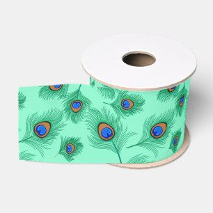 Turquoise Peacock Feathers on Light Aqua Grosgrain Ribbon