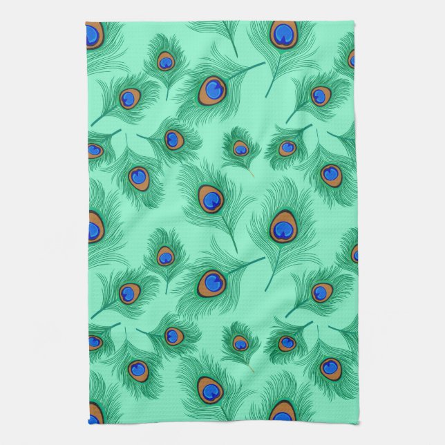 Turquoise Peacock Feathers on Light Aqua Kitchen Towel (Vertical)