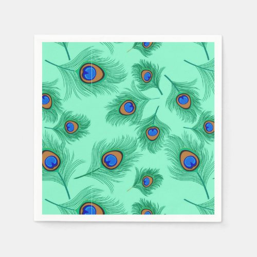 Turquoise Peacock Feathers on Light Aqua Paper Napkins