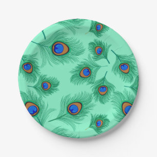 Turquoise Peacock Feathers on Light Aqua Paper Plates