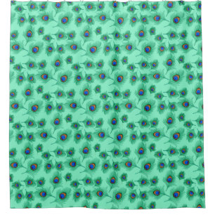 Turquoise Peacock Feathers on Light Aqua Shower Curtain