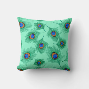 Turquoise Peacock Feathers on Light Aqua Throw Pillow