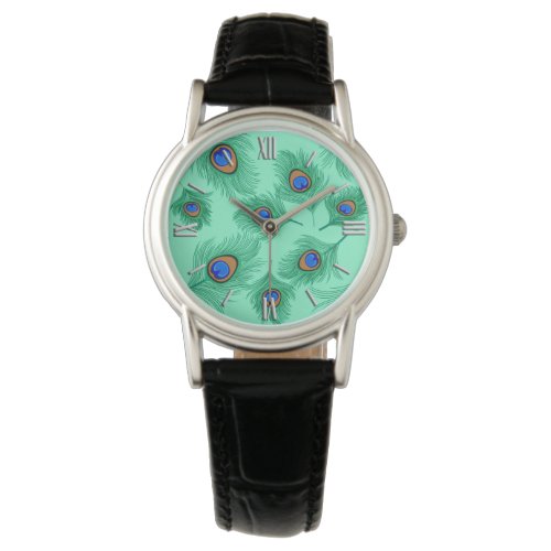 Turquoise Peacock Feathers on Light Aqua Watch