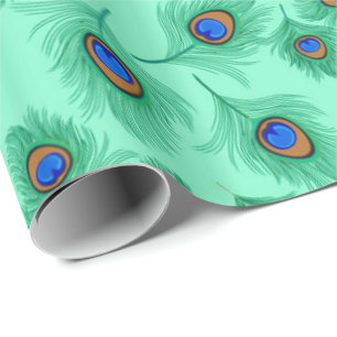 Turquoise Peacock Feathers on Light Aqua Wrapping Paper