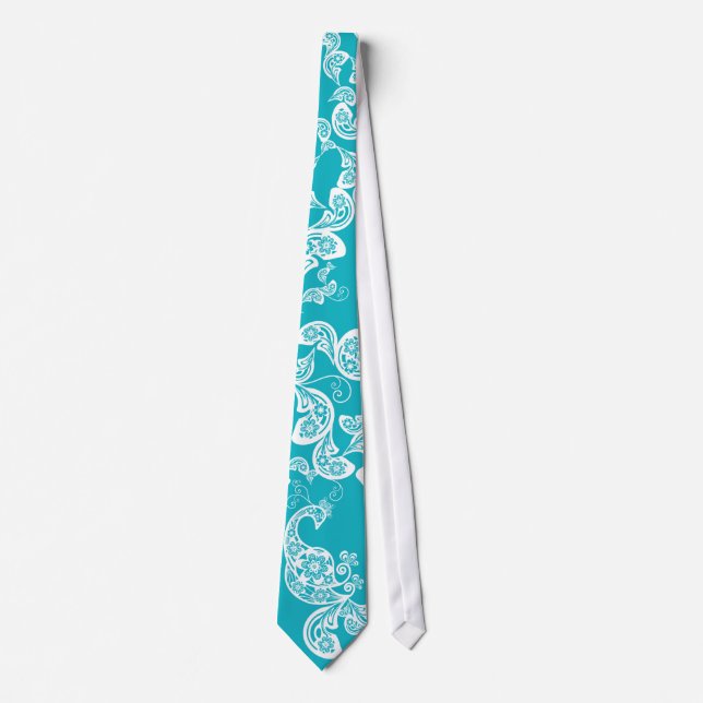 Turquoise Peacock Floral Paisley Elegant Stylish Tie (Front)