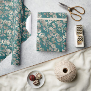 Turquoise Pearl Champagne Floral Wrapping Paper