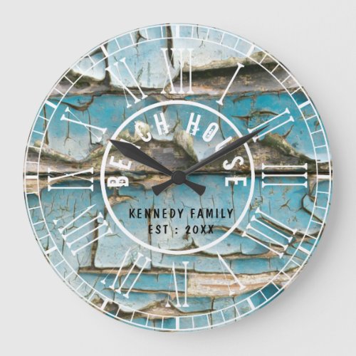 Turquoise Peeling Wood Beach House  Roman Numeral Large Clock