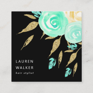 Turquoise Peonies faux gold glitter Business Card