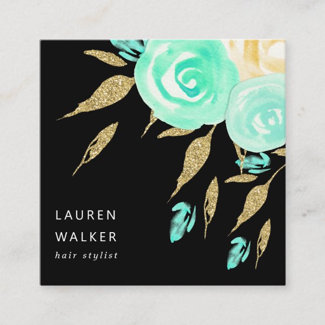 Turquoise Peonies faux gold glitter Business Card (Front)