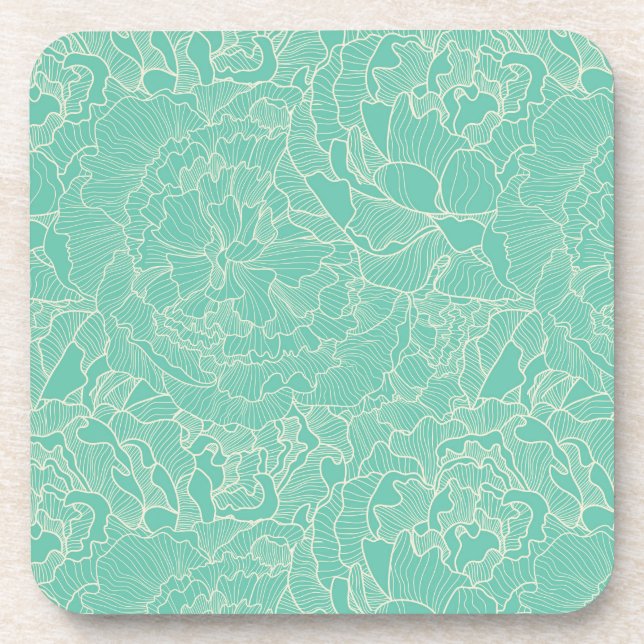 Turquoise Peony Pattern Beverage Coaster (Front)
