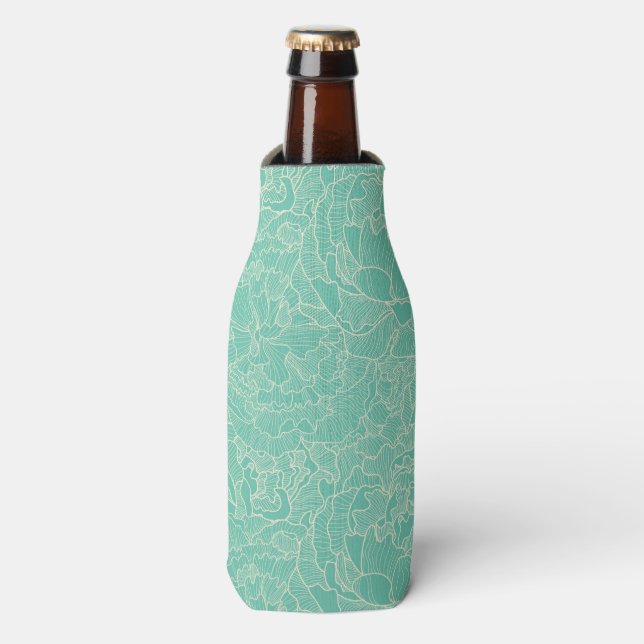 Turquoise Peony Pattern Bottle Cooler (Bottle Front)