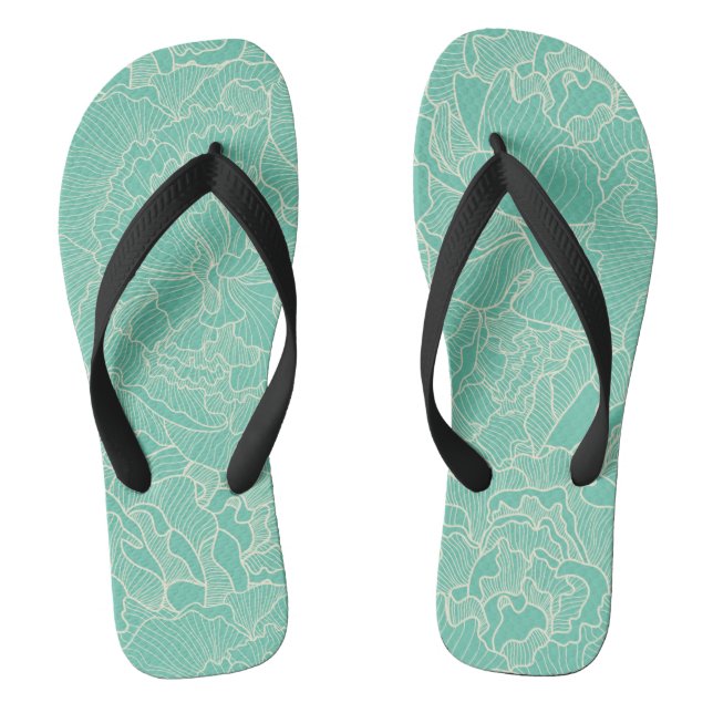 Turquoise Peony Pattern Flip Flops (Footbed)