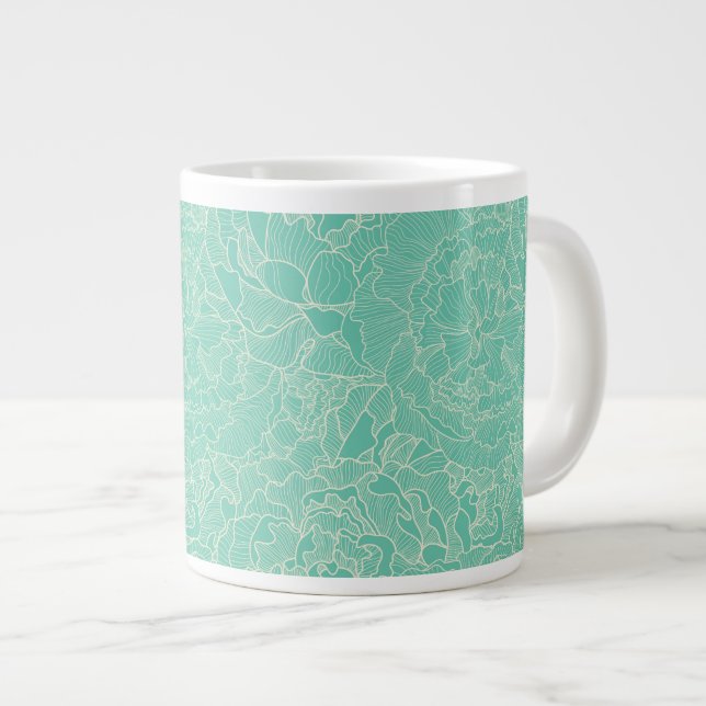 Turquoise Peony Pattern Giant Coffee Mug (Front Right)