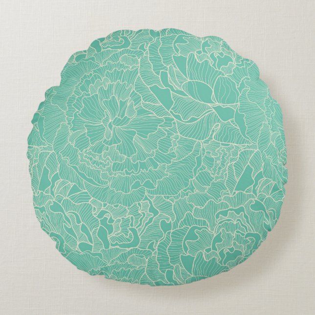 Turquoise Peony Pattern Round Pillow (Front)