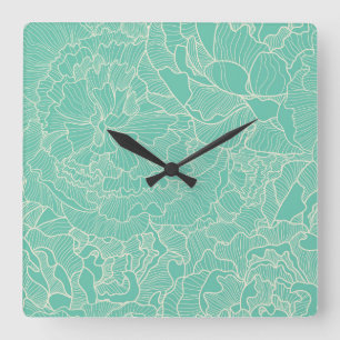 Turquoise Peony Pattern Square Wall Clock