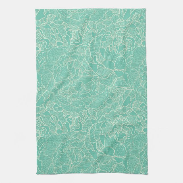 Turquoise Peony Pattern Towel (Vertical)