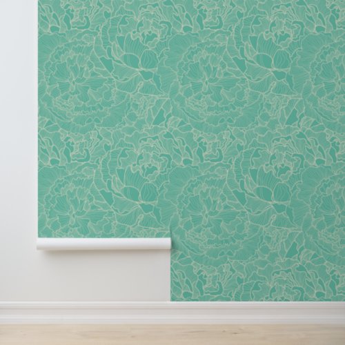 Turquoise Peony Pattern Wallpaper