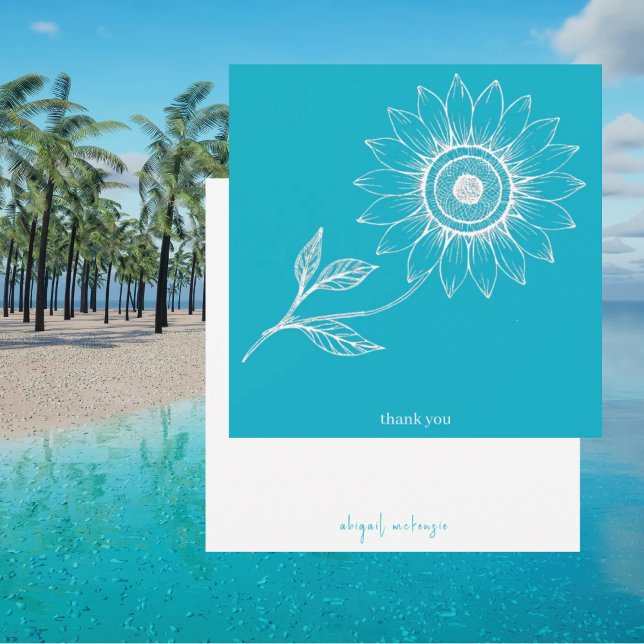 Turquoise Personalized Square Sunflower Outline Thank You Card (Creator Uploaded)
