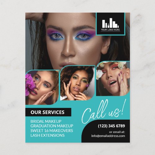 Turquoise Photo Collage Logo QR Makeup Promotional Flyer