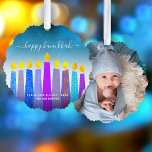 Turquoise Photo Hanukkah Menorah Candles Modern Ornament Card<br><div class="desc">“Happy Hanukkah.” A playful, modern, artsy illustration of boho pattern candles and handwritten calligraphy script help you usher in the holiday of Hanukkah in style. Assorted blue boho candles with colorful faux foil patterns overlay a turquoise gradient to white textured background on the front. Your favorite photo adorns the back....</div>