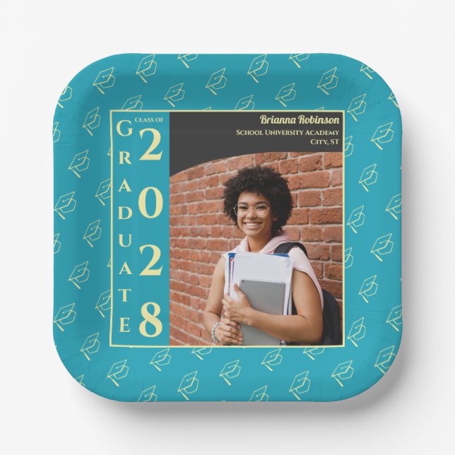 Turquoise Photo Modern Graduation Cap Party Paper Plates (Front)