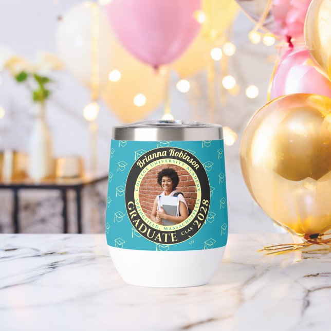 Turquoise Photo Modern Graduation Gift Tumbler (Bachelor Party (Rotated))