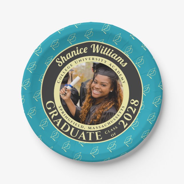 Turquoise Photo Modern Graduation Party Paper Plates (Front)