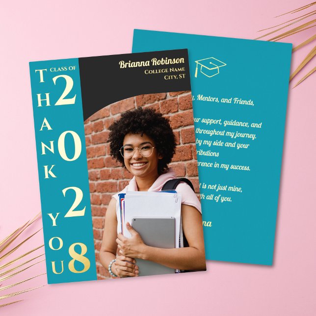 Turquoise Photo Modern Graduation Thank You Gold Foil Holiday Card (Creator Uploaded)