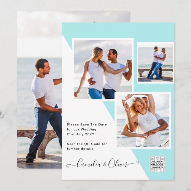 Turquoise Photo Wedding Invite QR Code Save Date (Front/Back)