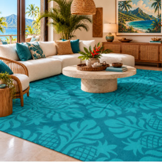 Turquoise Pineapple Tropical Botanical Rug