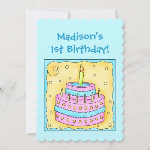 Turquoise Pink 1st Birthday Party Cake Invitation