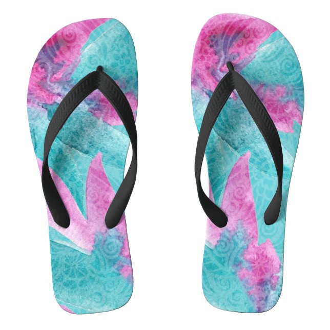 Turquoise Pink Abstract Hawaiian Flip Flops (Footbed)