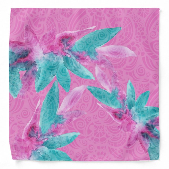 Turquoise Pink Abstract Hawaiian Flowers Bandana (Front)